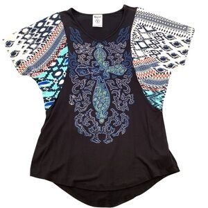 Vocal Rhinestone‎ Cross Flutter Sleeve Mixed Print Tunic Top Medium USA Fairy